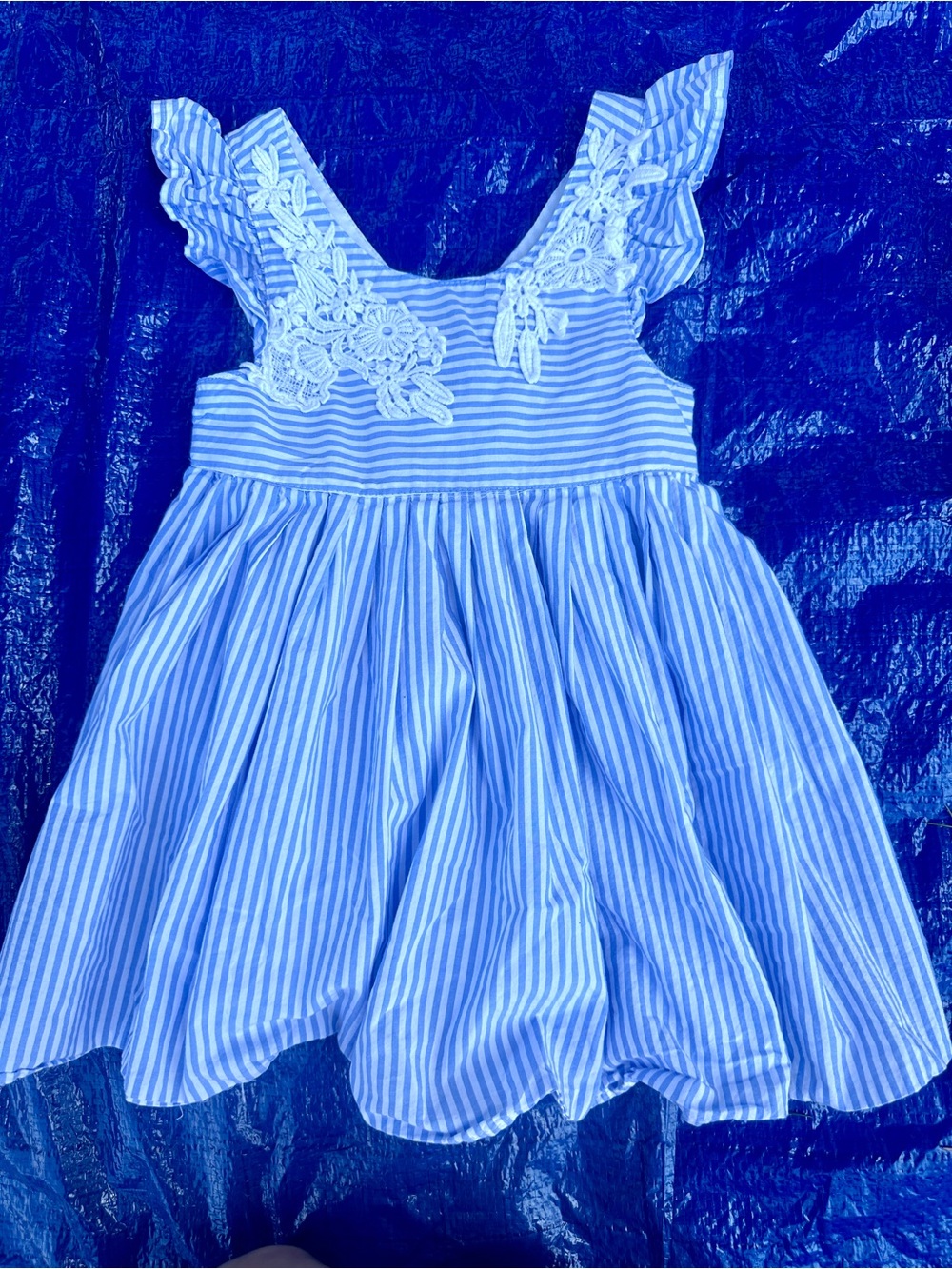 Tahari Blue and White Striped Girls Dress with Lace Appliqué